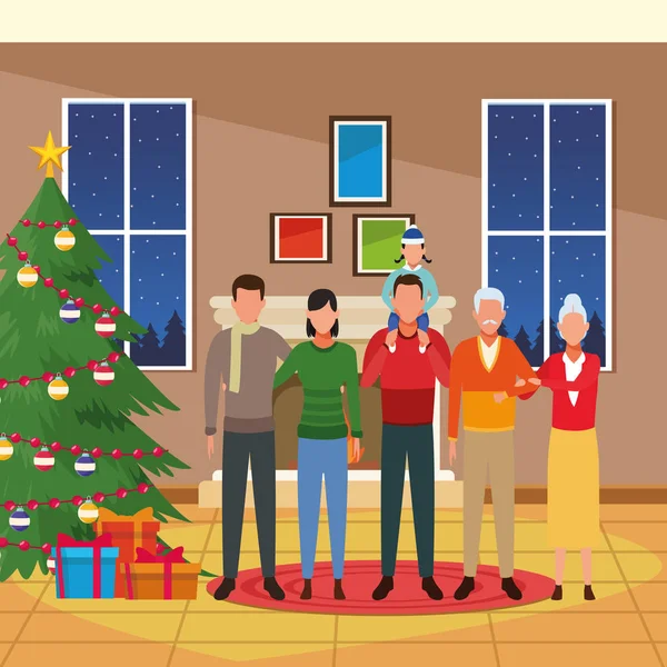 Casa con decoración navideña y familia feliz — Archivo Imágenes Vectoriales