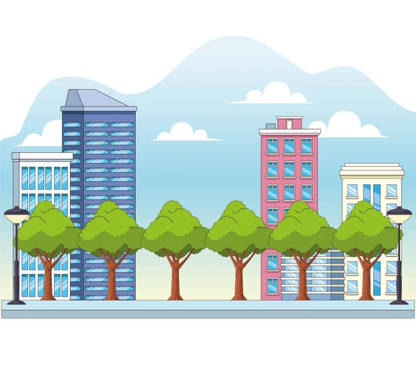 Paisaje urbano de la ciudad con edificios y árboles, diseño colorido — Vector de stock