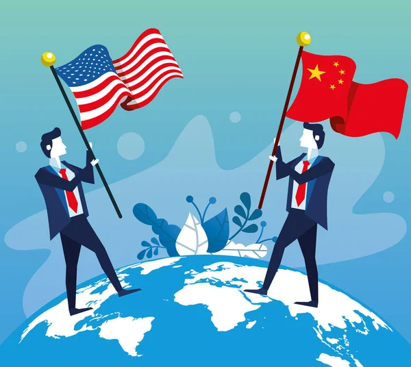 Businessmen with united states american and china flag — Stock Vector