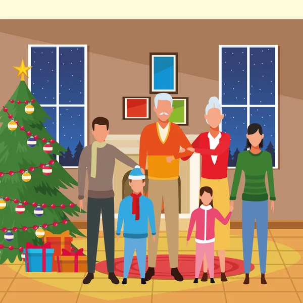 Casa con decoración navideña y de pie familiar — Archivo Imágenes Vectoriales