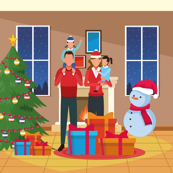 Familia con niños pequeños, feliz diseño de Navidad — Vector de stock