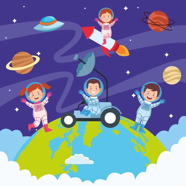 Happy children day celebration with kids in the space — Stock vektor