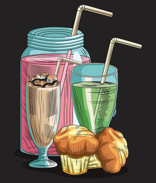 Mléčný koktejl džus brýle a muffiny jídlo zdravé — Stockový vektor