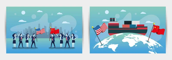 Paquet de gens d'affaires avec Etats-Unis et drapeaux de Chine — Image vectorielle