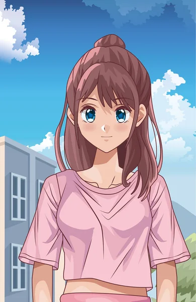 Young girl hentai style character outdoor scene — Stok Vektör