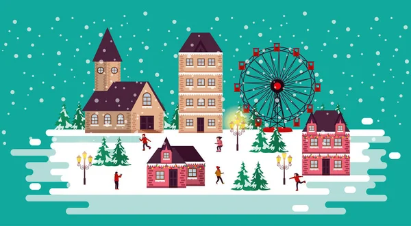 Kerstmis winter scene met panoramisch wiel en mensen — Stockvector