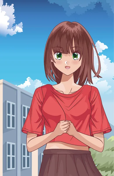 Young girl hentai style character outdoor scene — Stok Vektör