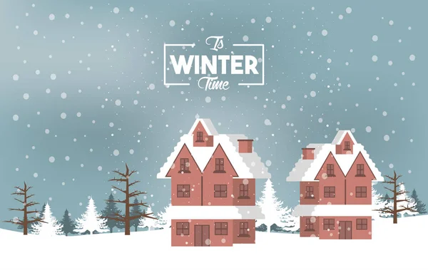 Winter poster with forest scene and house building — ストックベクタ