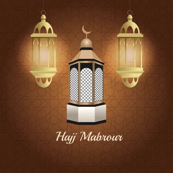 Hajj mabrur celebration with lanterns hanging and mosque tower — Stok Vektör