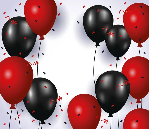 Balloons helium floating colors red and black with confetti — Stock vektor