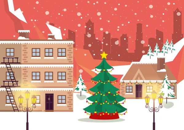 Рождественская сцена на улице с сосеной — стоковый вектор