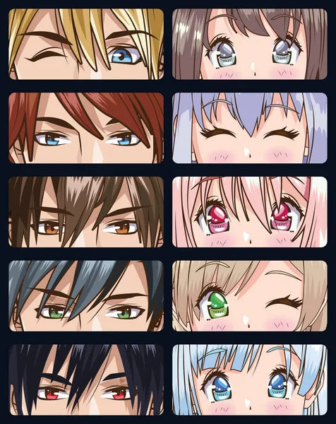 Group of faces young people anime style characters — Stok Vektör