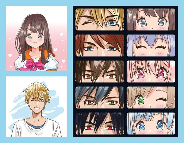 Gruppe von Gesichtern junge Leute Anime-Stil Charaktere — Stockvektor