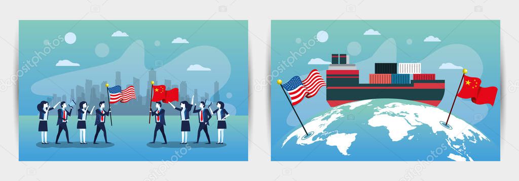 bundle of business people with usa and china flags