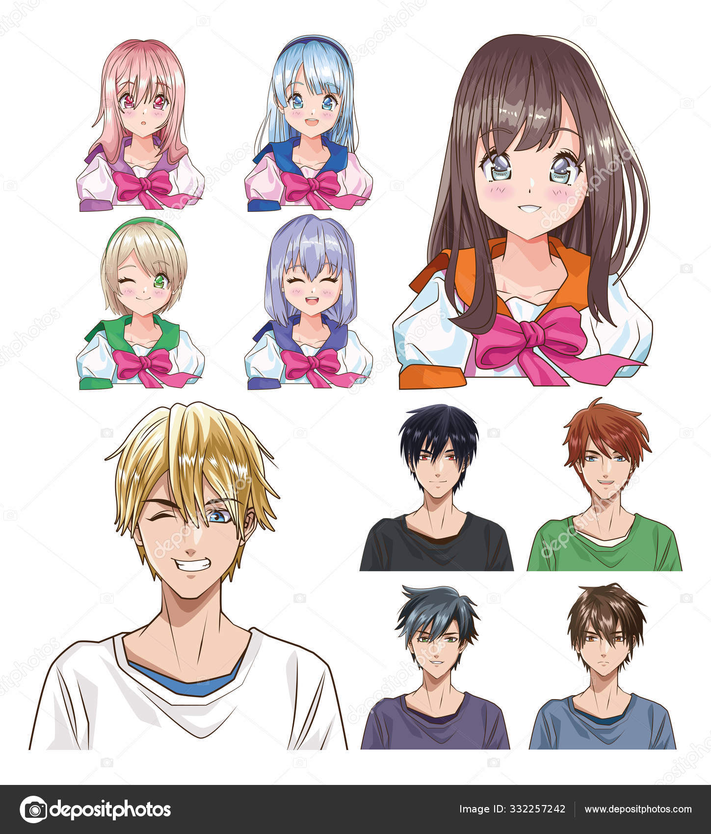Grupo Do Anime Masculino Da Cara Ilustração do Vetor - Ilustração