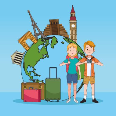 tourist couple with world planet and famous places