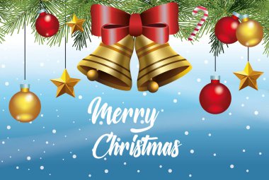 merry christmas card with bells and balls hanging