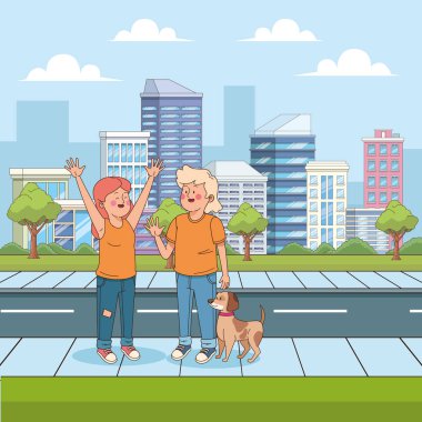 cartoon teen boy and girl waving in the street