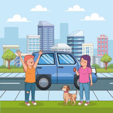 cartoon happy teenager girls in the street with a dog