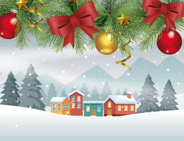 merry christmas card with balls in neighborhood snowscape