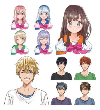 group of young people anime style characters clipart