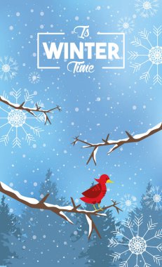 winter poster with snowflakes and forest scene
