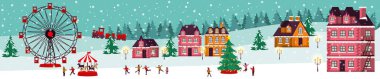 christmas winter scene with panoramic wheel and people