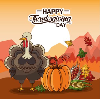 happy thanksgiving day card with turkey and pumpkin