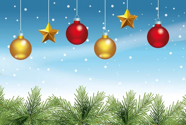 Feliz tarjeta de Navidad con bolas y estrellas colgando — Vector de stock