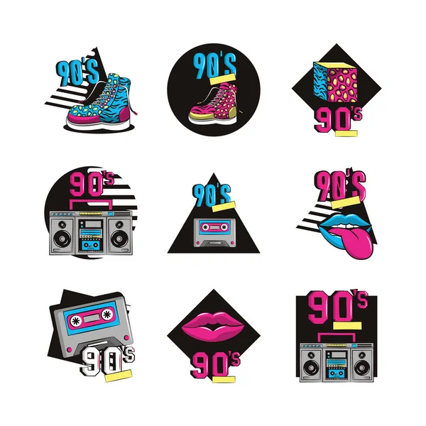 Bundle of nineties set icons — 스톡 벡터