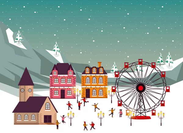 Weihnachtswinterszene mit Panoramarad und Menschen — Stockvektor