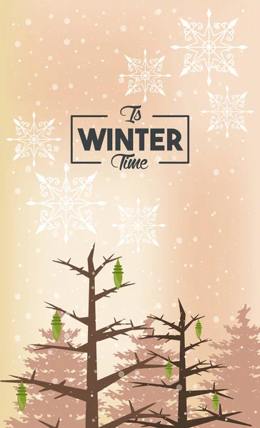 Cartel de invierno con copos de nieve y escena del bosque — Vector de stock