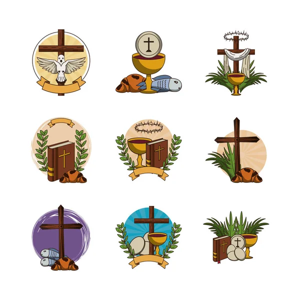 Bundle of first communion set icons — Stock Vector