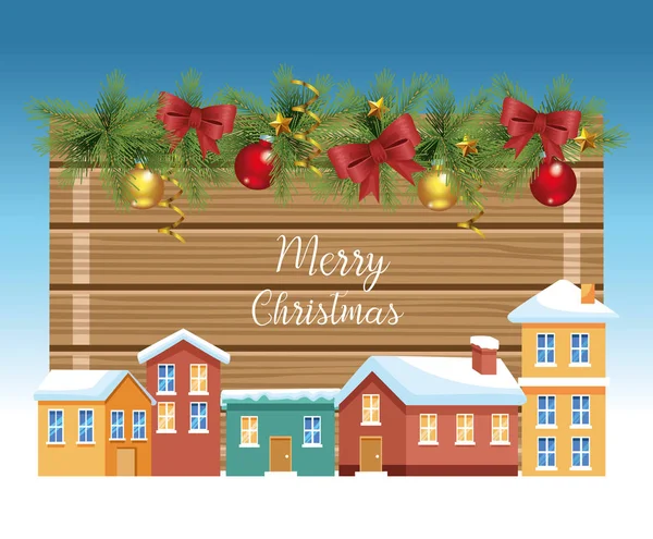 Joyeux Noël design avec des maisons et des ornements de Noël sur fond bleu, design coloré — Image vectorielle