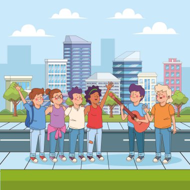 Çizgi filmdeki genç çocuk sokakta arkadaşlarına gitar çalıyor.