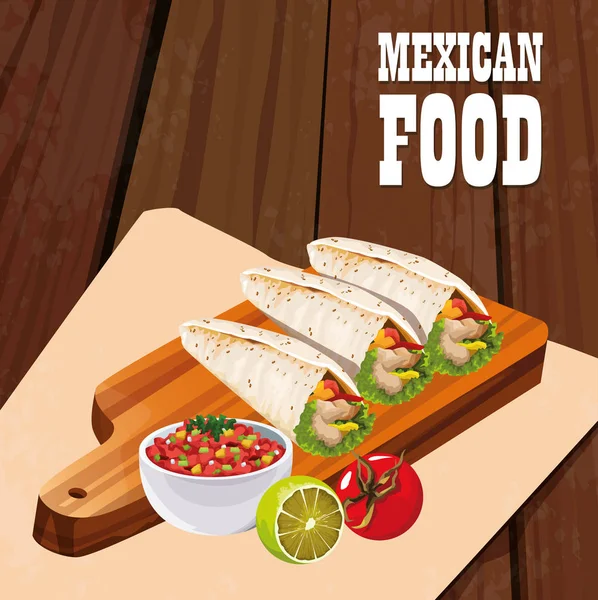 Cartaz de comida mexicana com burritos — Vetor de Stock