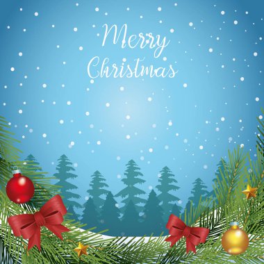 Karlı arkaplanda Noel süsleri olan mutlu noel tasarımı