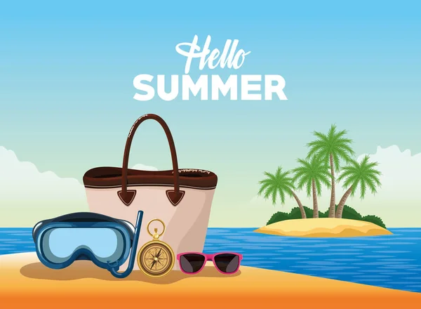 Olá cartaz de cartão de verão com desenhos animados — Vetor de Stock