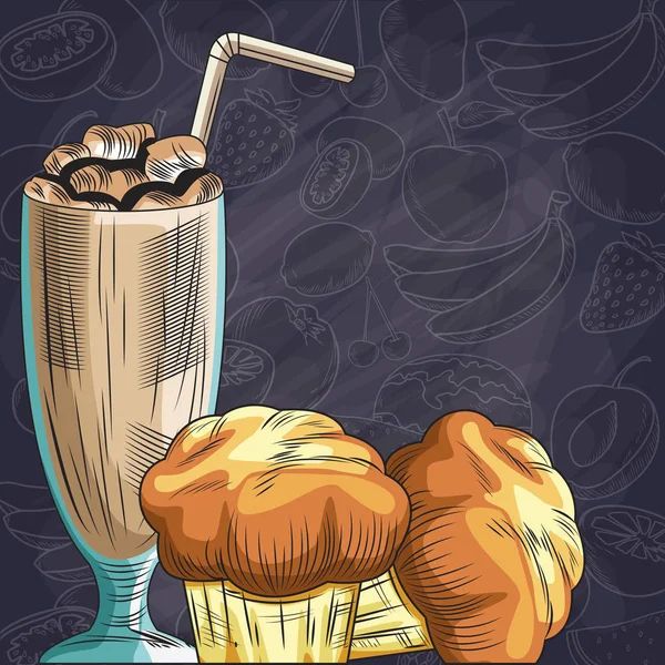 奶昔和松饼甜点食品健康背景 — 图库矢量图片