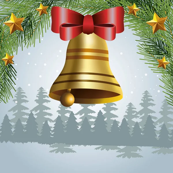 Buon Natale design con campana d'oro e ornamenti su sfondo innevato — Vettoriale Stock