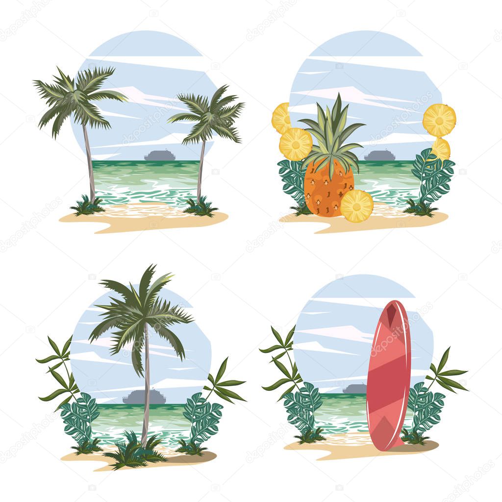 Set of Beach and tropical summer cartoons scenery