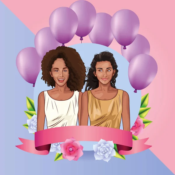 Arte pop hermosas mujeres sonriendo tarjeta de dibujos animados — Vector de stock