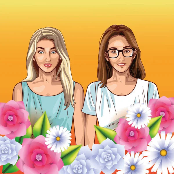 Pop arte mulheres modelos sorrindo desenhos animados — Vetor de Stock