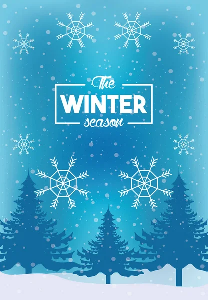 Cartel de invierno azul con copos de nieve y escena del bosque — Vector de stock