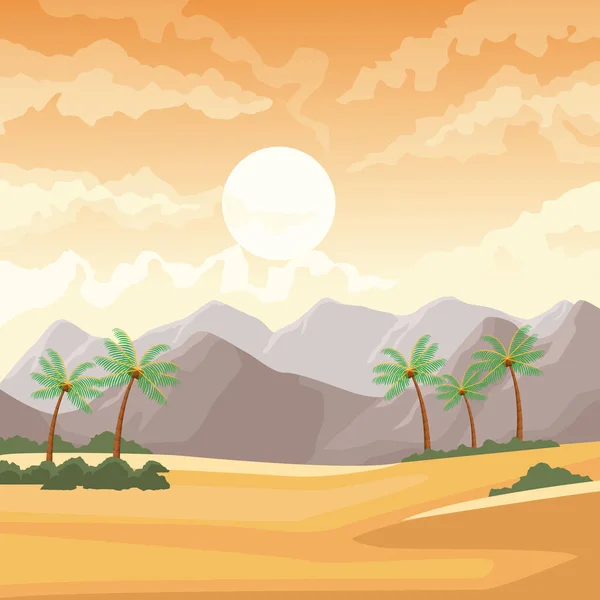 Pouštní krajina s palmami a horami — Stockový vektor