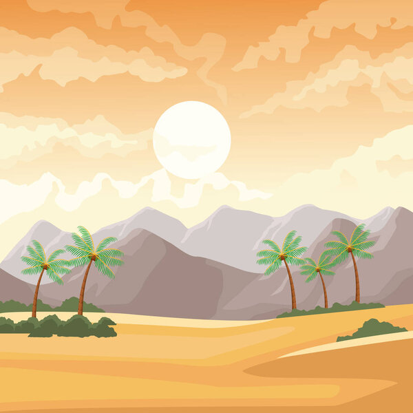 Desertscape scenery with palms and mountains