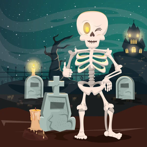 Halloween tmavá scéna s kostrou na hřbitově — Stockový vektor