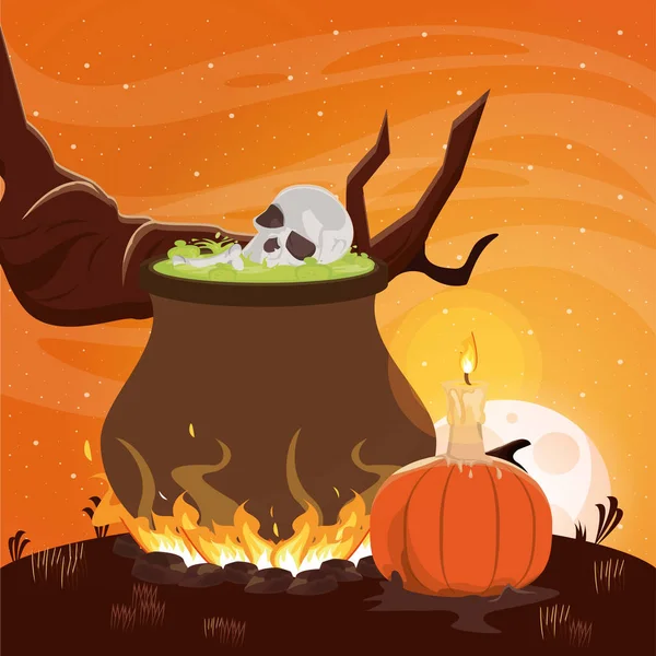 Halloween dark scene with witch cauldron — ストックベクタ