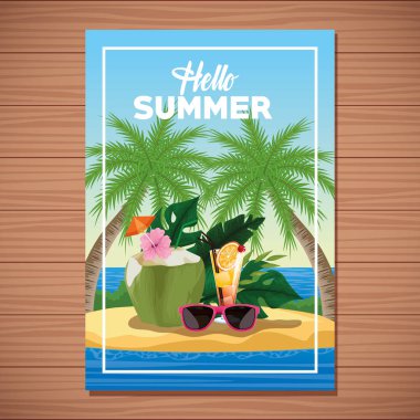 Merhaba, karikatürlü yaz kartı posteri.