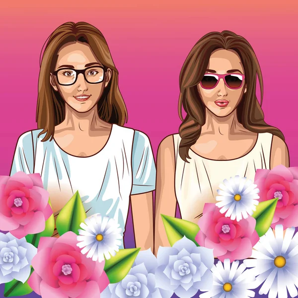 Pop arte mulheres modelos sorrindo desenhos animados — Vetor de Stock